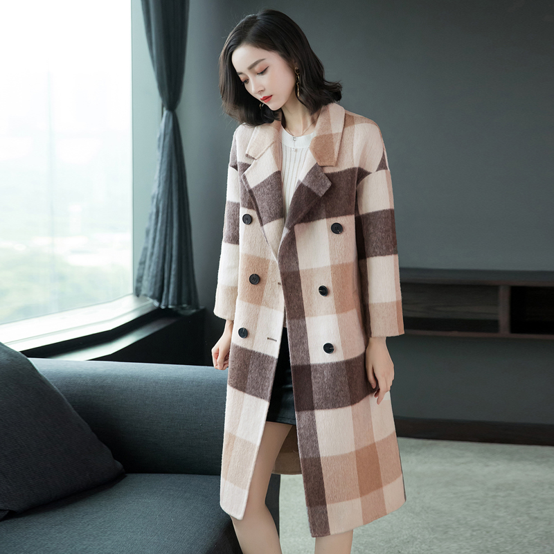 

Autumn Fashion Women Wool Blends Long Coat Plaid Upset Knee-high And Cotton Coats Outerwear -colored Grid 8088 Women's, Cream-colored grid