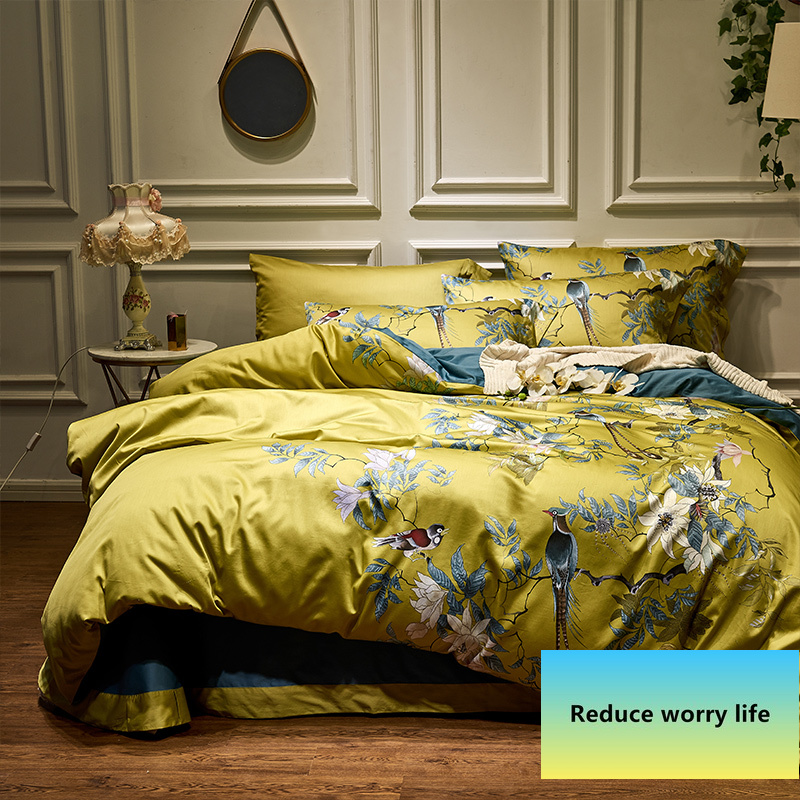 

Silky Egyptian cotton Yellow Chinoiserie style Birds Flowers Duvet Cover Bed sheet Fitted sheet set King Size Queen Bedding Set, Bedding set 20