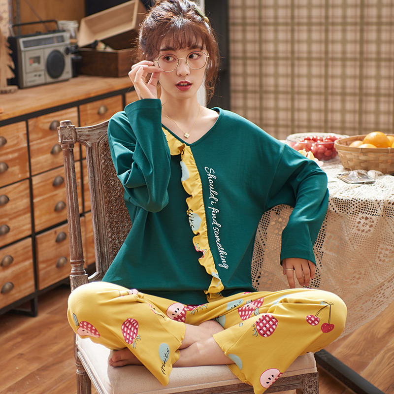 

Plus Size Pajama Set -4XL Women Long Pajamas Letter Fruit Pyjamas 100% Cotton Women Print Sleepwear Nighty Female Casual Pijama, Green