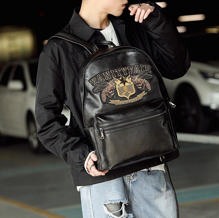 

wholesale men handbag personalized embroidered mens backpacks street trend printed leather student bags original design embroidereds backpack, Black-3071
