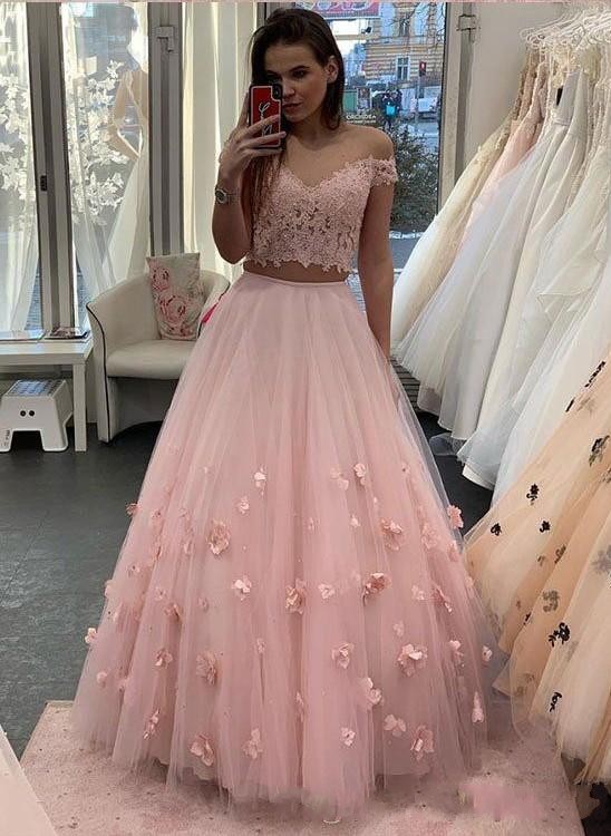 

New Sexy Two Pieces Evening Dresses Wear Off Shoulder Lace Appliques 3D Floral Flowers Long Prom Dress Tulle Ball Gown Formal Party Gowns, Gray
