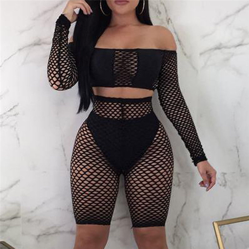

Fashion Women Ladies Crochet Mesh Long Sleeve See Through Mesh Fishnet Crop Night Sexy Tops Shorts Bottoms Set, As the picture shows
