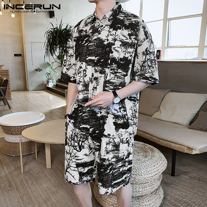 Men's Tracksuits Summer Sets Printing Half Sleeve Streetwear 2021 Cotton Lapel Shirt Vintage Shorts Pockets Casual Men Clothes Suit INCERUN