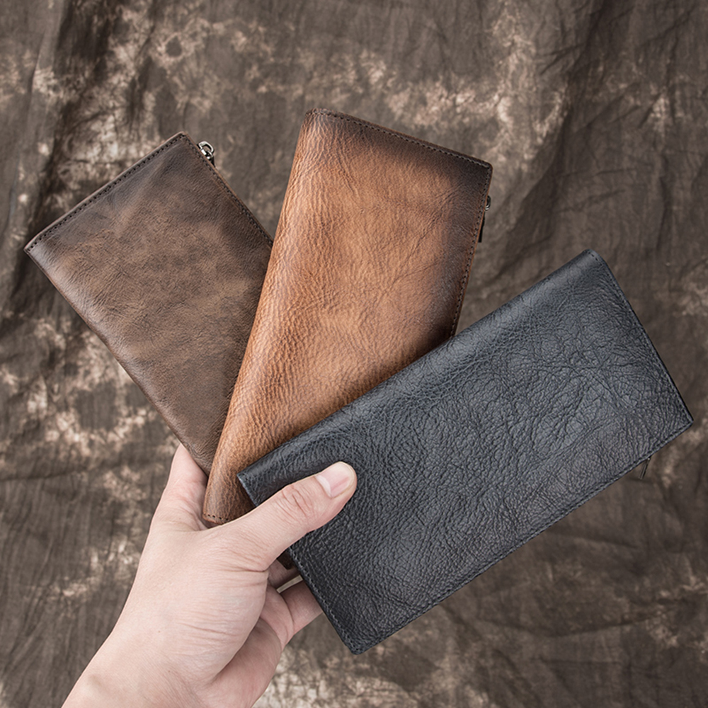

Men Vintage Genuine Leather Long Wallet Fold Over Clutch Wallets Multi Card Holder Phone Pouches Zipper Cowhide Purses Banknote Pockets Gift, 3 colors for choice