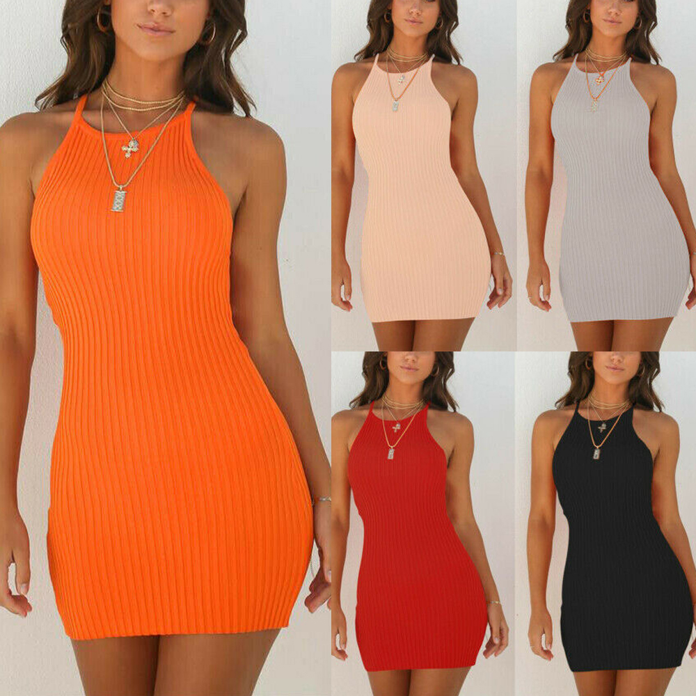 

Newly Summer Party Fashion Sexy Women Dress 2 Style Sleeveless O-Neck Solid Skinny High Waist Mini Dress Sundress, Black