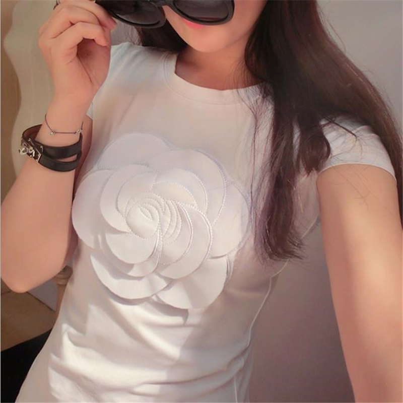 

2016 Newest women summer 3d camellia embroidery luxury t shirt ladies fashion tops slim casual tee shirts vetement femal, White