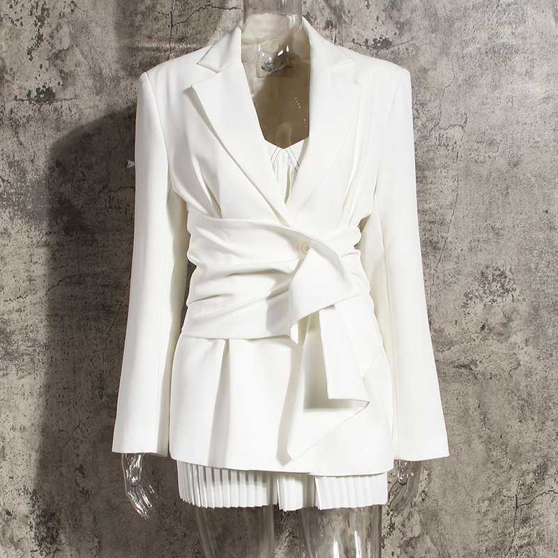 

SeeBeautiful Simple Notched Collar Long Sleeve Girdle Button Loose Single Suit Coat Woman Autumn 2020 New Fashion Tide L747, White