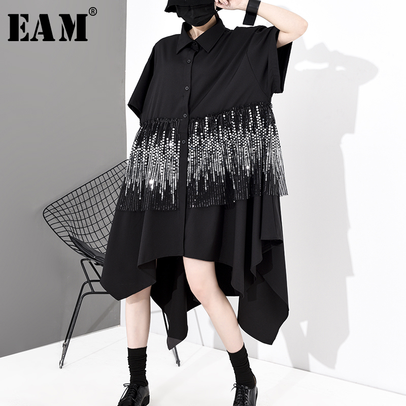 

[EAM] Women Black Sequins Taseels Big Size Shirt Dress New Lapel Half Sleeve Loose Fit Fashion Tide Spring Autumn 2020 1S052