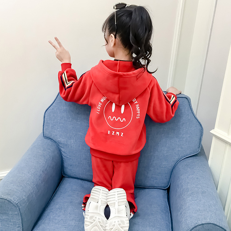

Kids Brand Clothing Suit Girls Luxury Fashion Clothing Sets Smiley Pattern Two-piece Sets Sportswear Warm Keeping 2020 Autumn, Red
