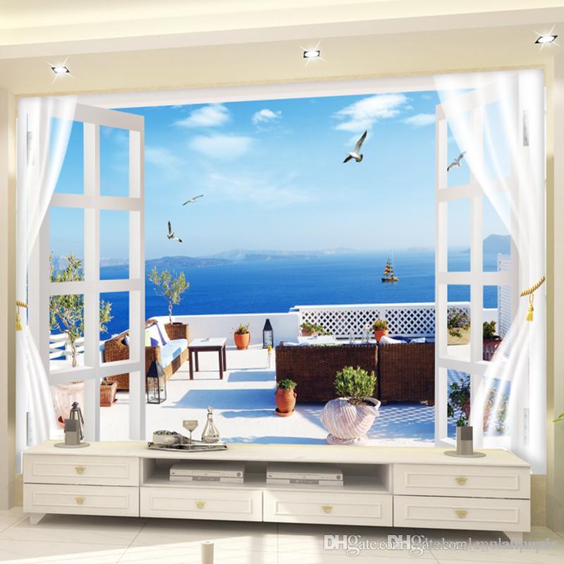 

Custom 3D Photo Wallpaper Window Seascape Beach Palm Wall Covering Mural Roll For Living Room 3d stereo space expansion interior wall Decor, As picture