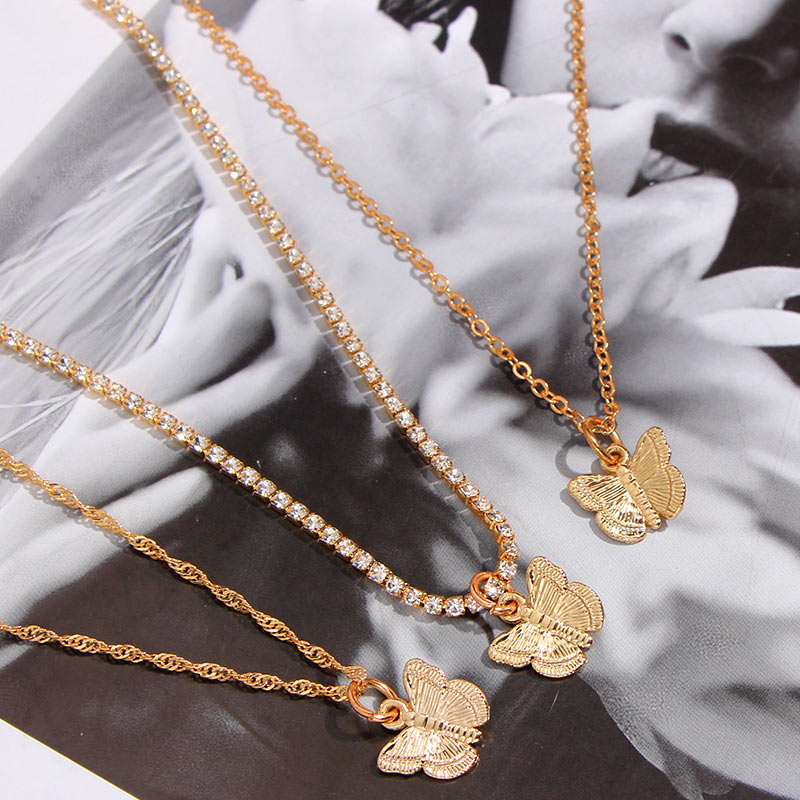 

Chains FLATFOOSIE Metal Butterfly Pendant Necklace Women Fashion Gold Color Crystal Chain Simple Temperament Jewelry Gifts