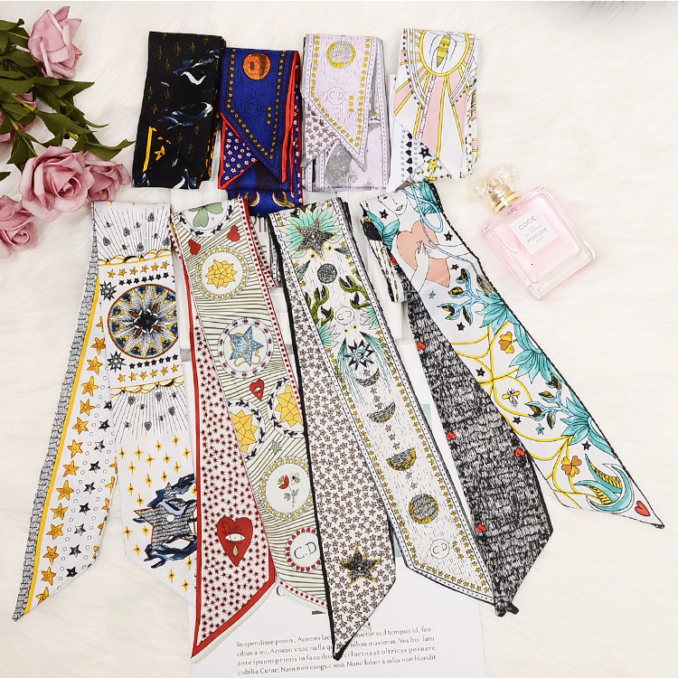 

Tarot Double-deck Two-sided Printing Twill Silk Bind Bag Handle Silk Scarf Slender Narrow And Small Silk Ribbon Scarf Woman Scarf, Blue;gray