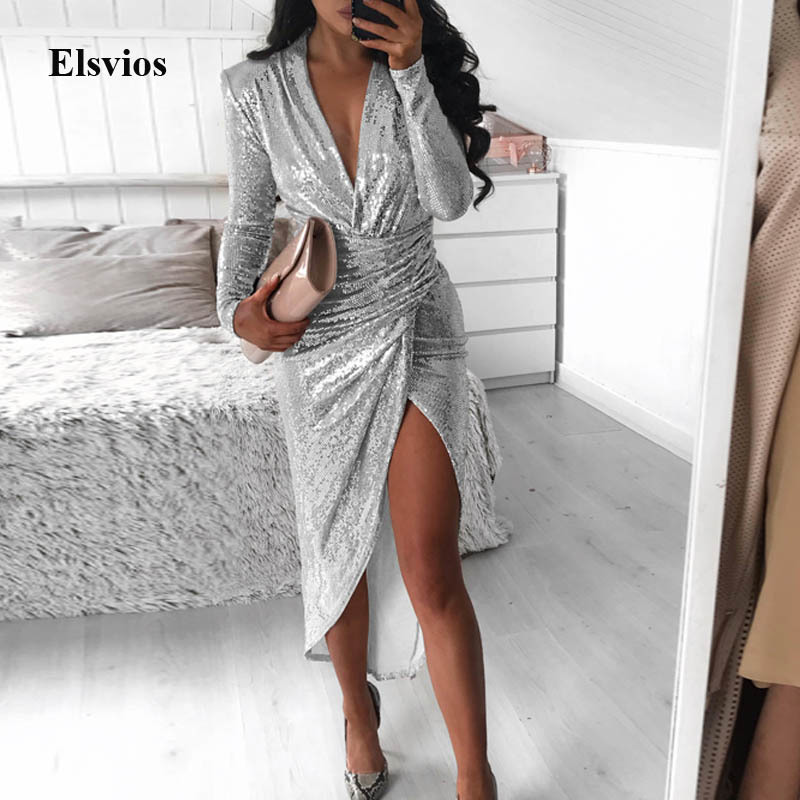 Sexy Deep V Wrap Soie Brillante Robe De Soirée Élégante Haute Fente Peplum Moulante Longue Club Robes Automne À Manches Longues Maxi Robe Y200418