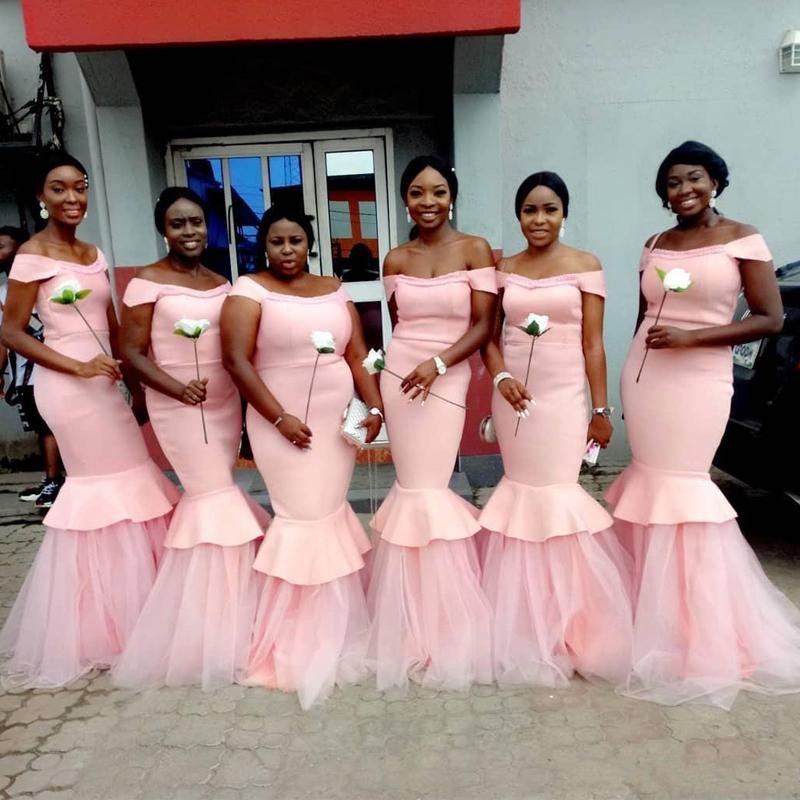 

2020 Charming Pink Off the Shoulder Long Bridesmaid Dresses Tulle Bottom Mermaid Prom Gowns Short Sleeve Maid of Honor Dress