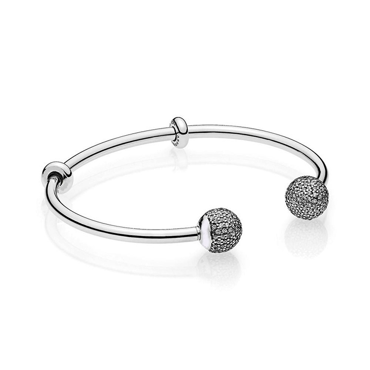 

Original 925 Sterling Silver Beads Bracelet Snake Chain Fit pandora MOMENTS Silver Open Bangle with Pave Caps Bracelet Charms CX200704