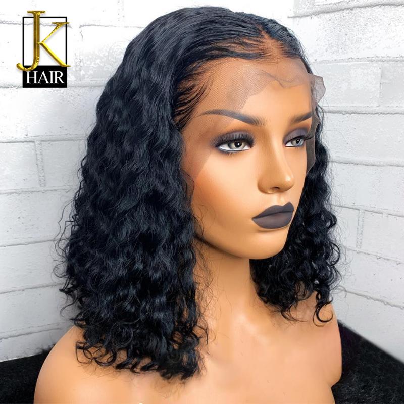 

Curly Bob Lace Front Human Hair Wigs For Women Natural Black Peruvian Remy 13x4 Lace Wig 150% JK Elegant Queen, As pic