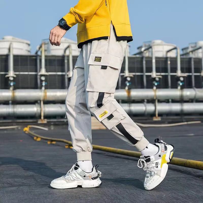 

Januarysnow Hip Hop Men Streetwear Military Pants Patchwork Pocket Side Striped Joggers Sweatpants Cuffed Ankle Length Trousers For Male, Khaki