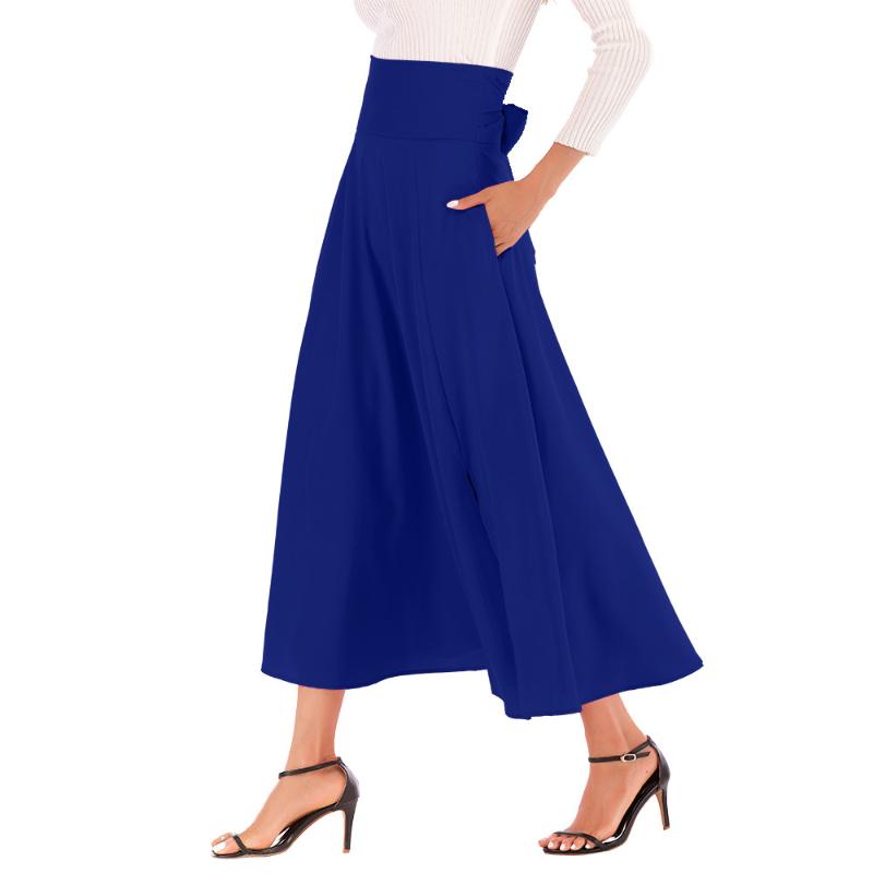

Vintage Womens Pleated Skirts High Waist Solid Side-slit Belt Pocket Maxi Skirt A Line Front Slit Belted Long Stretch Skirt#5.29