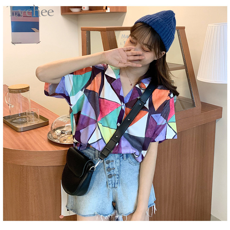 

Lychee Harajuku Hit Color Geometric Print Women Shirt Blouse Full Print Short Sleeve Female Top Loose Summer Lady Shirts Blouses, Purple