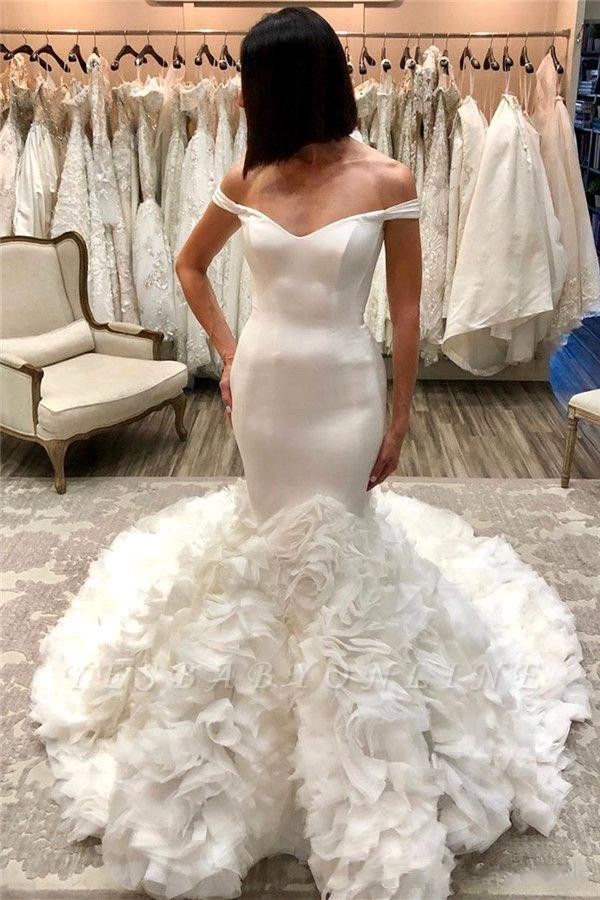 2020 New Design Backless Off the Shoulder Tiered Satin Wedding Dresses Sweetheart Court Train Bride Gowns Vintage Mermaid robe de mairee