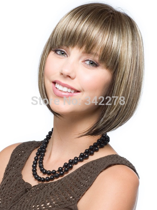 

brown blond highlighted straight hair bob wig with neat bang Heat resistant fiber synthetic wig capless fashion wig for women, Picture color