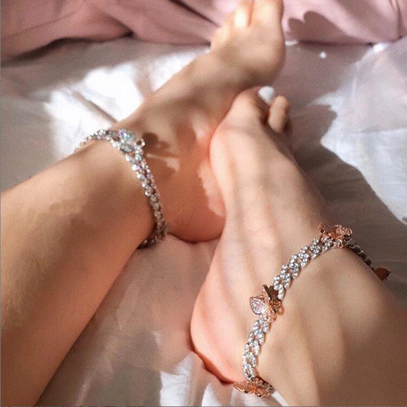 

rose silver color cz cuban leg chain anklet 2020 fashion women bling iced out cz cuban link chain pink butterfly anklet jewelry CX200704