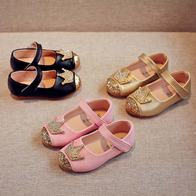 

2019 new Spring Autumn Fashion crown Girls Dress Shoes sequin Pink princess Childrens Shoes leather Gold Kids Shoes Girls Footwear A1841