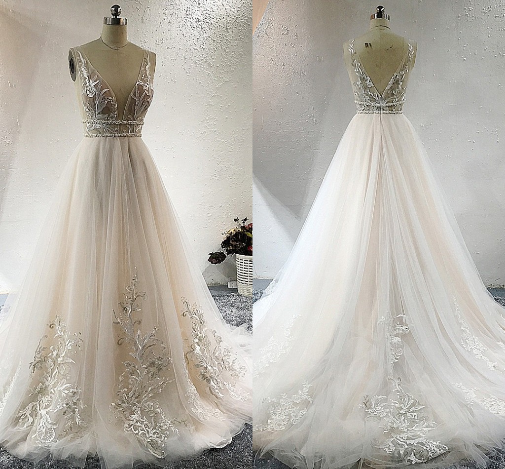 

2020 Real Pictures A-line Lace Wedding Dresses Vestidos De Novia Pearls Beaded Waist Line V-neck V Backless Beach Wedding Reception Dress, Black