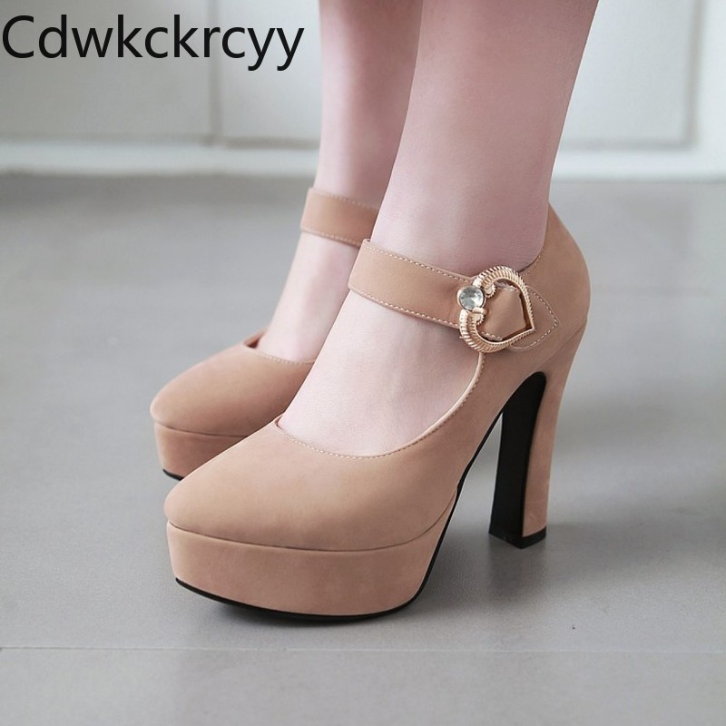 

spring and fall The New fashion Round head 12CM High heel Women shoes red Buckle Asakuchi High heel Single shoes size 34-43, Beige