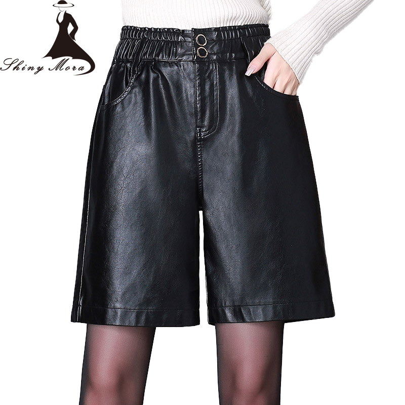 

SHINYMORA 2019 PU Shorts for Women Casual Leather Shorts Pockets High Waist Elastic Female Sexy Fashion Big Size Black
