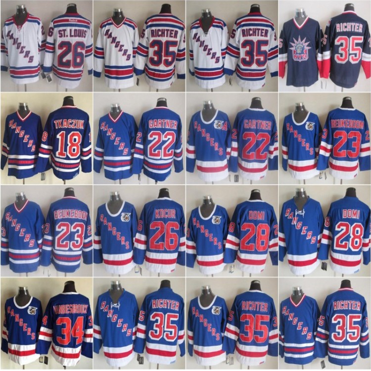 

New York 35 Mike Richter Rangers 28 Tie Domi 23 Jeff Beukeboom 18 Walt Tkaczuk 34 John Vanbiesbrouck 22 Mike Gartner 26 Joe Kocur Vintage, As pic