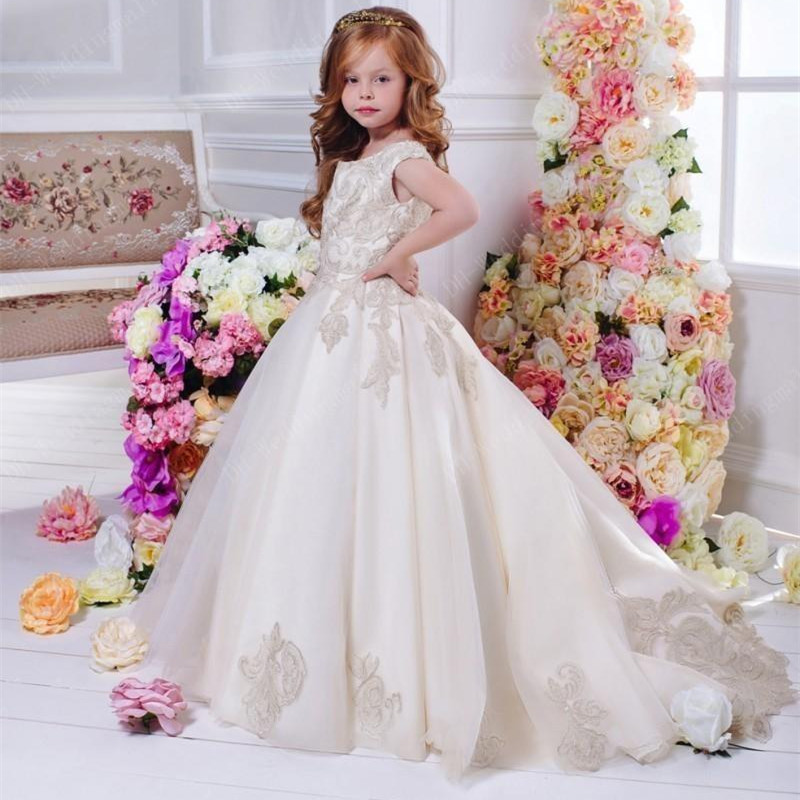 

4-14 Years Lovely Floral Lace Flower Girl Dresses Girls Pageant Ball Gowns Long Train Beautiful Little Kids Formal Party Wear, White;red