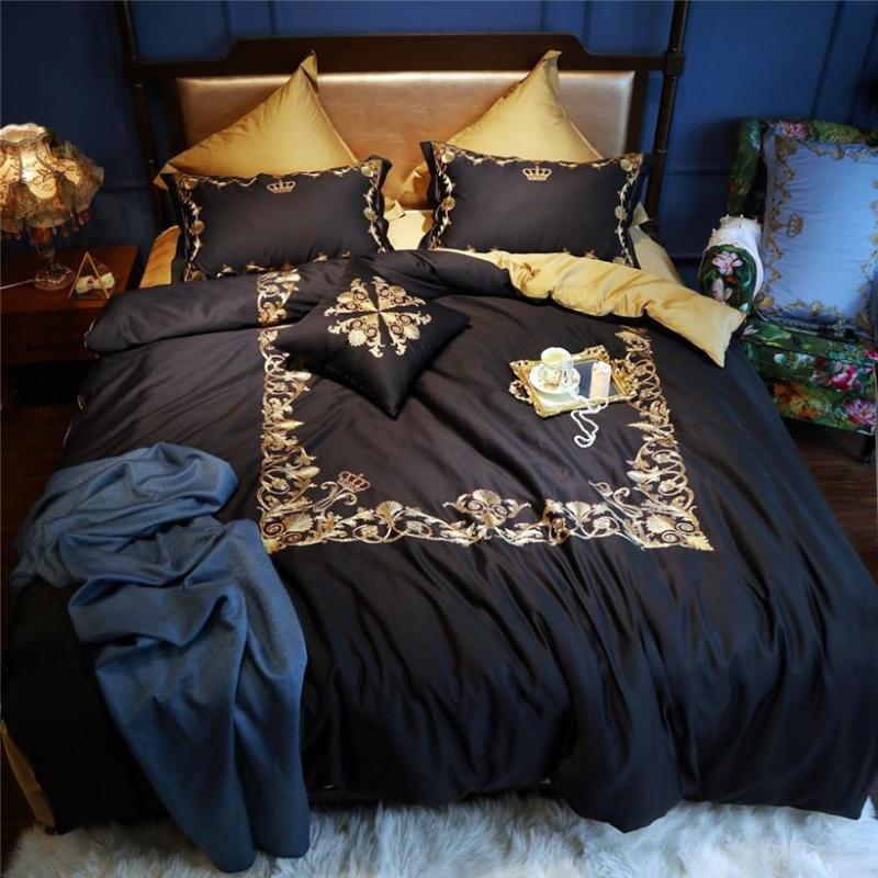 

Golden Embroidery Duvet Cover Set Black White Egyptian Cotton Bedding Set Golden Bed sheet Queen King size J/7 Pcs, Color 1