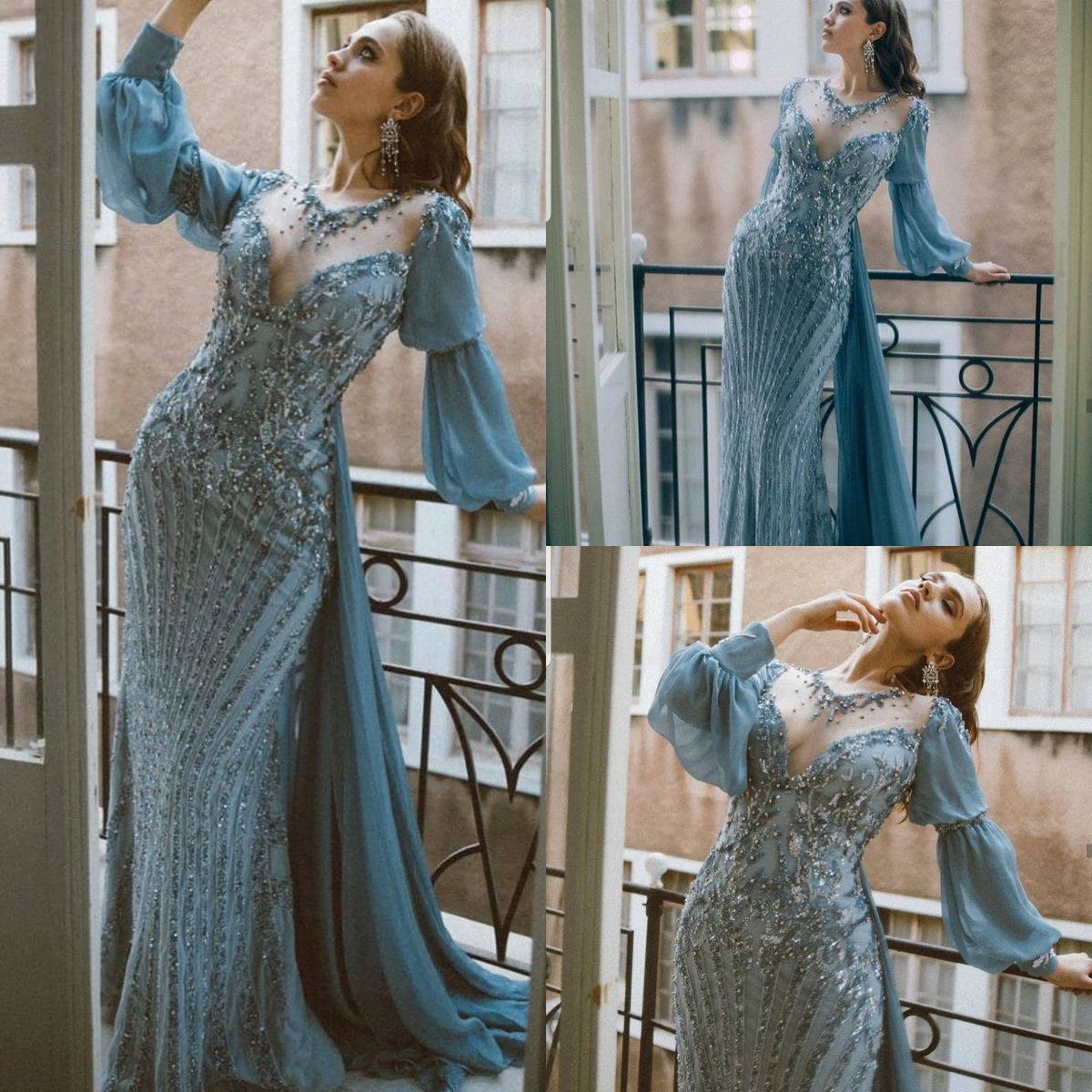 

Luxury Mermaid Prom Dresses V Neck Lace Beaded Long Sleeve Evening Gowns With Detachable Train Custom Made Robes De Soirée, Dark green