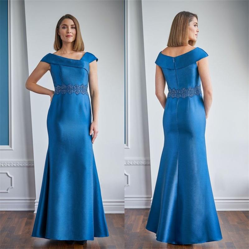 Élégant satin sirène mère de la mariée Robes Encolure manches robe de soirée longueur de plancher dentelle perlée Invité de mariage Drses