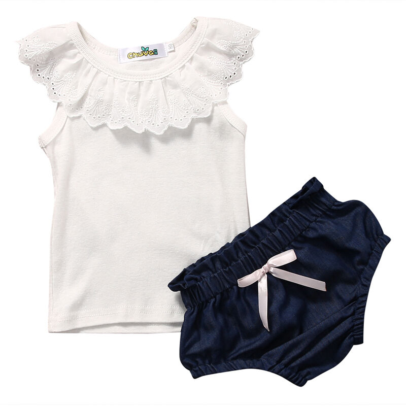 

Newborn Kids Baby Girls Clothes Set Summer Outfits Girl Costume Children Clothing T-shirt Tops Denim Pants 2PCS Summer Set, Lace top denim pant