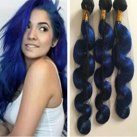 

Ombre Blue Human Hair Weaves Blue Dark Roots Black and Blue Body Wave 3 Bundles Deal, Ombre #1b/blue