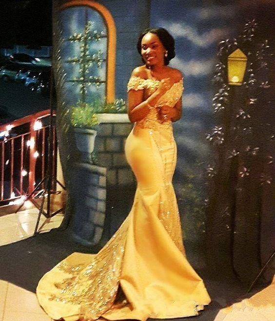 

2020 New African Yellow Mermaid Prom Dresses Off Shoulder Satin Lace Appliques Crystal Beaded Sexy Arabic Long Party Evening Gowns Wear, Light purple