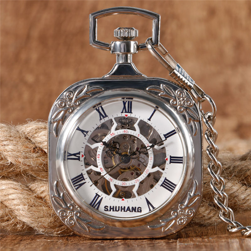 

Silver Square Open Face Design Watches Hand-winding Mechanical Pocket Watch Roman Numberals for Clock Men Women FOB Pendant Chain