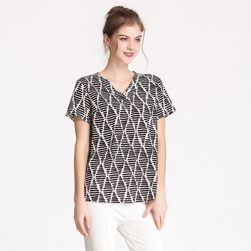 

95% Silk Short Sleeve Women's T-shirt V-neck Large Elastic Crepe De Chine Bottoming Shirt Wide Pine Silk Top, Beige