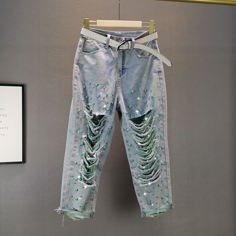 

plus size Ripped Jeans Women Summer New European Streetwear Loose High Waist Thin Beaded Hole Beggar Jeans Female Holes, Not include belt