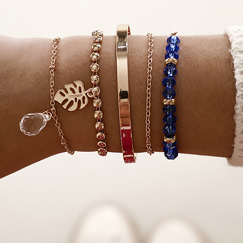 

ZHINI 5Pcs/set Women Bracelets Set New Boho Leaf Bead Chain Leather Multilayer Bracelet Simple Crystal Pendant Bracelet Jewelry