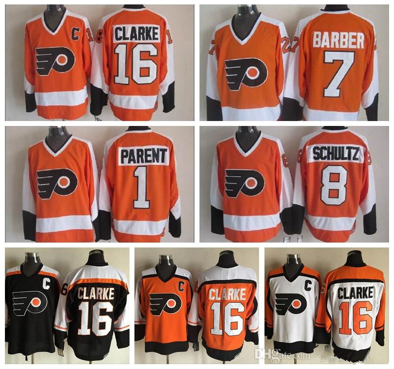 

Men 16 Bobby Clarke Jersey Philadelphia Flyers Vintage 1 Bernie Parent 7 Bill Barber 8 Dave Schultz Stitched Hockey White Black, Colour 3