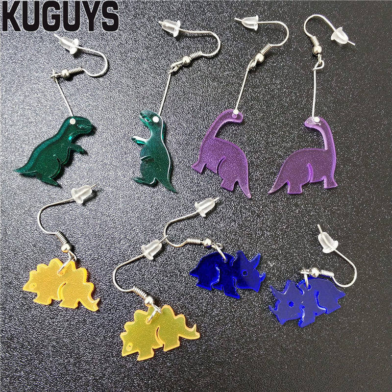

KUGUYS Fashion Acrylic Jewelry Custom Clear Acryl Long Drop Earrings Gift 4 Colors Small Dinosaur Dangle Earring for Womens