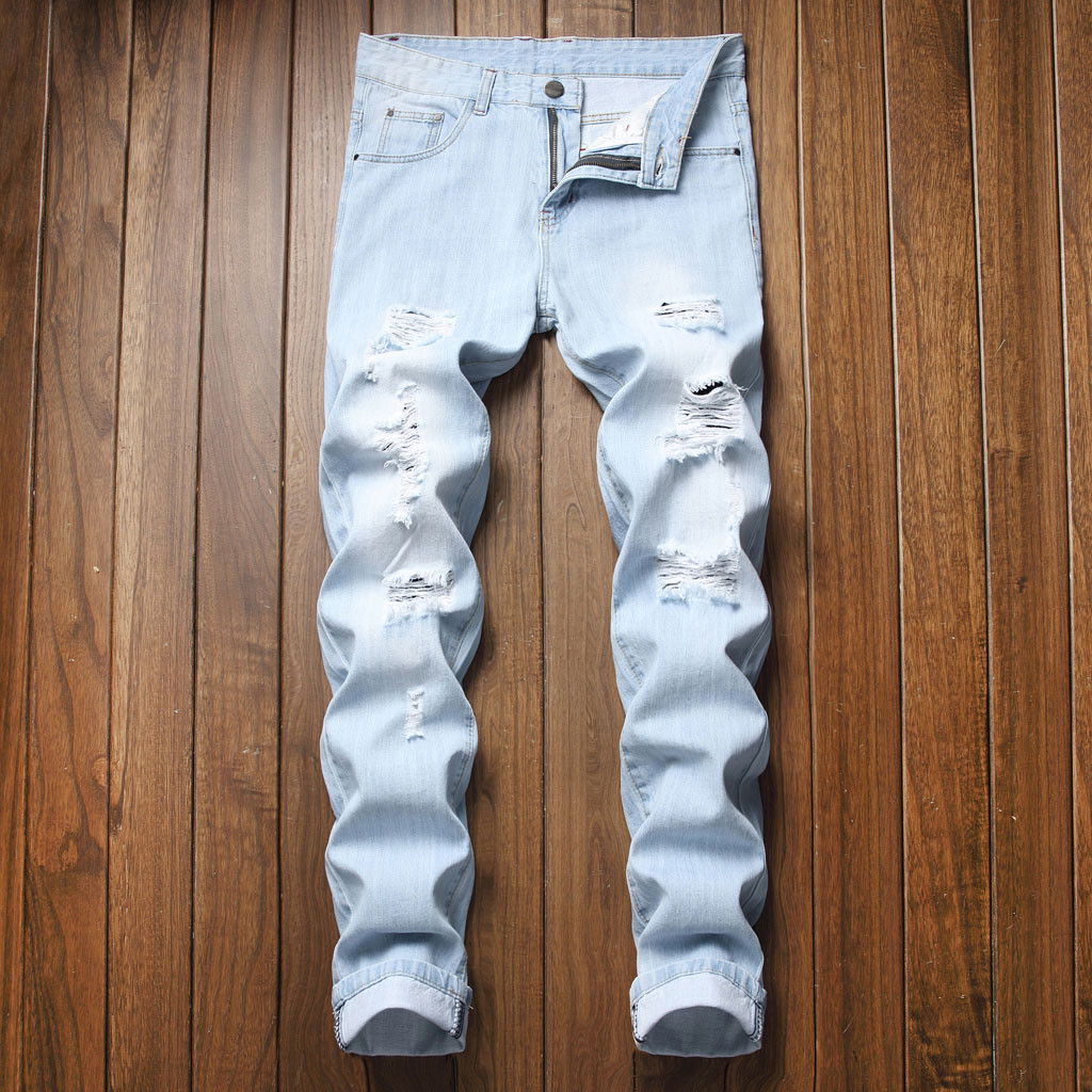 

Streetwear Men's Jeans Vintage Blue Gray Color Skinny Destroyed Ripped Jeans Broken Punk Pants Homme Hip Hop Men, Sky blue