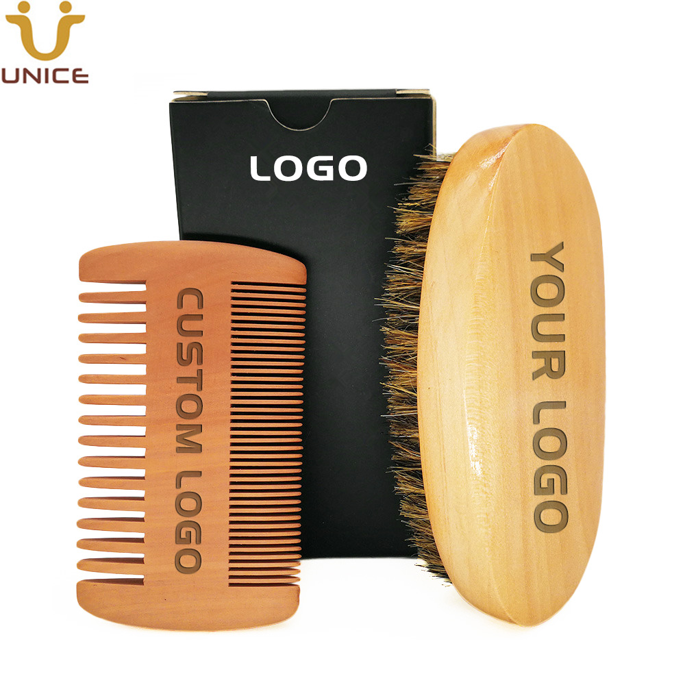 

MOQ 100 sets Custom LOGO Beard Mustache Brush and Dual Action Peach Wood Comb Grooming Kits With Printed LOGOs Black Gift Box