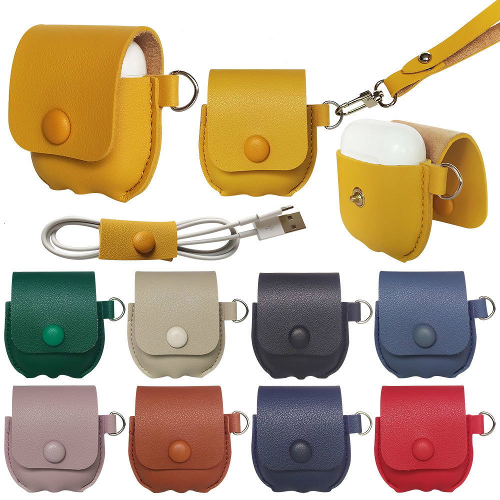 

DHL For 50 Sets airpods case Luxury Leather Wireless Bluetooth Headset Bag For apple airpods 1/2 case Storage bag Lanyard Cable Winder