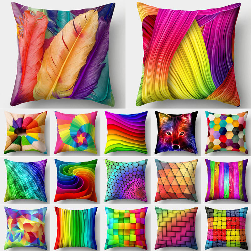 

Rainbow Pillow Case Cushion Cover Cushion Colorful Geometric Feather Polyester Decor for Home Car Sofa Pillow Cover