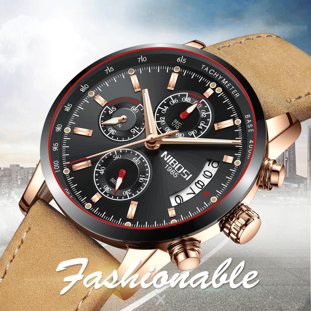 

NIBOSI Men Watches Top Brand Luxury Male Leather Waterproof Sport Quartz Chronograph Military Wrist Watch Clock Relogio Masculino, Black