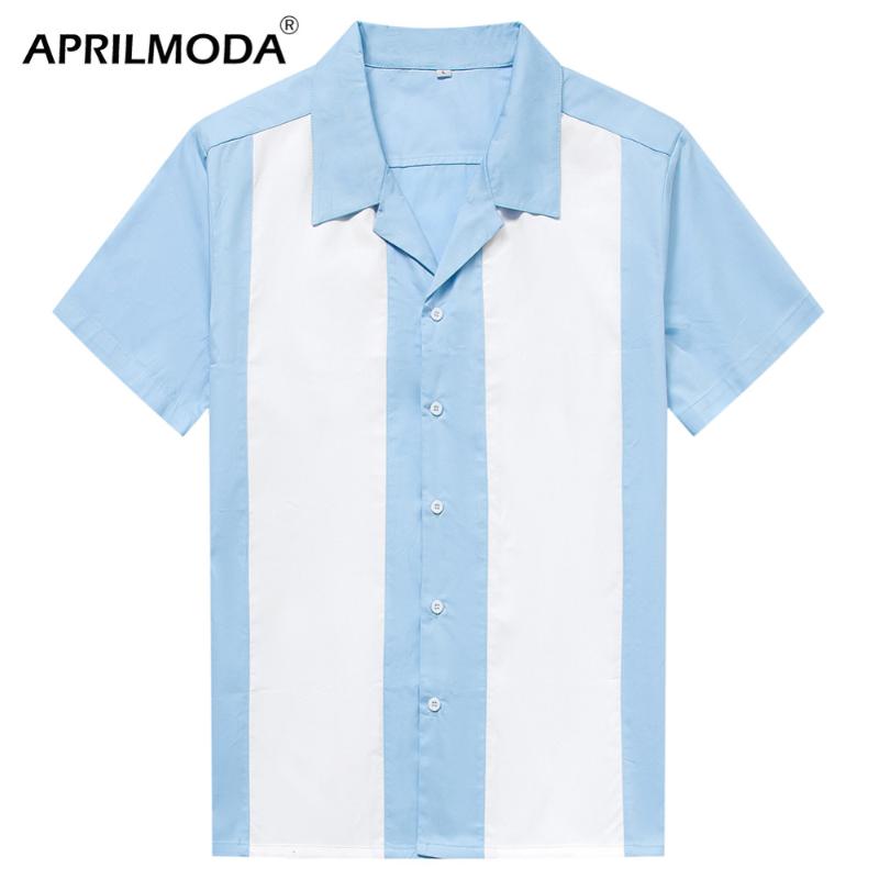

2019 Blue Summer Casual Men's Slim Fit Shirts Streetwear 1950s 60s Retro Vintage Rockabilly Men Tops and Blouses Hawaiian Shirt